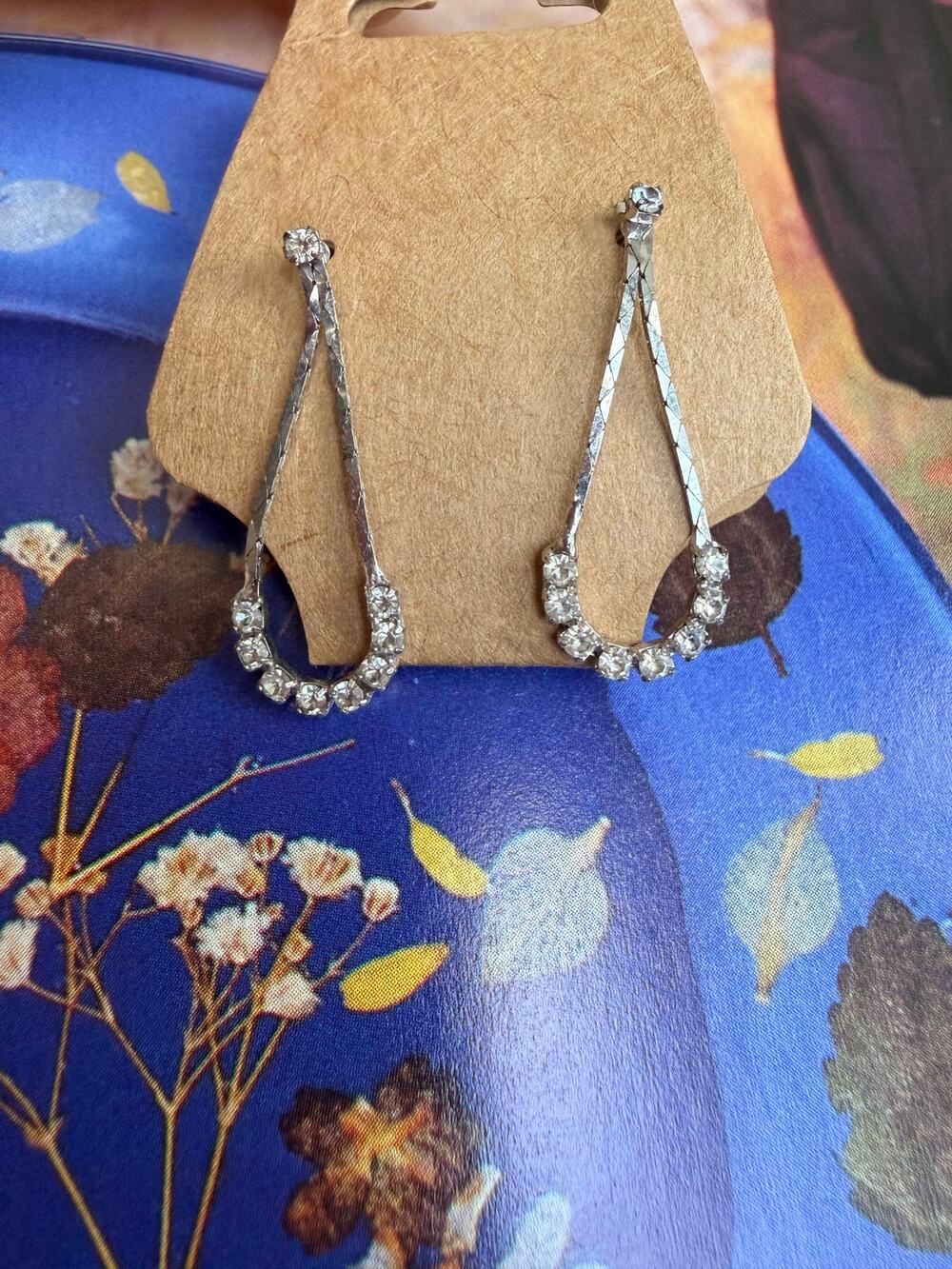 Vintage Silver-Tone Rhinestone Teardrop Dangle Earrings